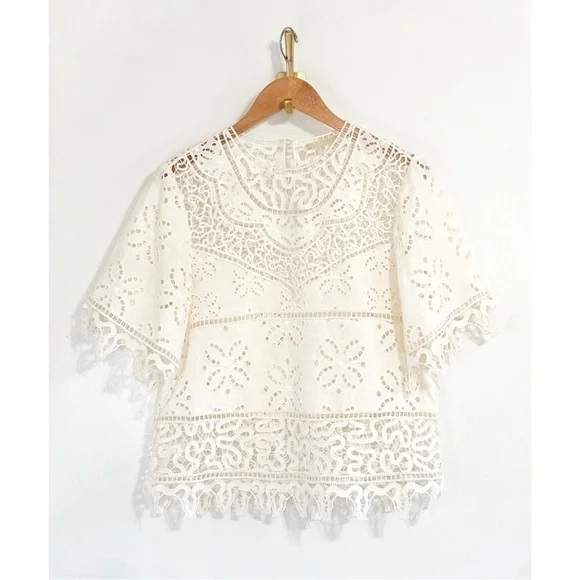 Ulla Johnson White Short-Sleeve Floral Lace Aria Eyelet Blouse